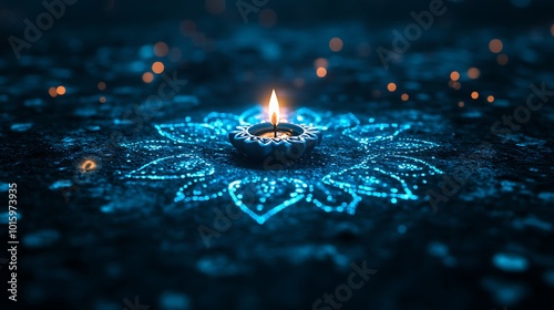 Blue Rangoli Design with Candle for Diwali Celebration photo