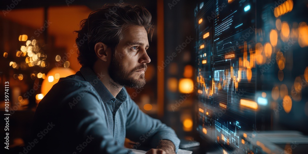 Man analyzing data on a computer screen in a dark office, focusing on charts and graphs with a futuristic digital interface. Man analyzing data on a computer screen in a dark office, focusing on charts and graphs with a futuristic digital interface.