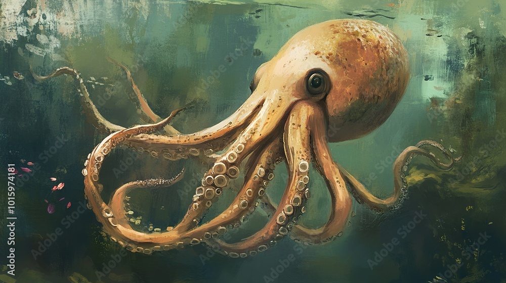 Octopus Underwater Painting: A Close-Up of a Cephalopod Octopus Underwater Painting: A Close-Up of a Cephalopod