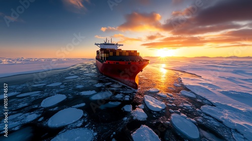 Cargo ship navigating through icy waters during a spectacular sunset. photo