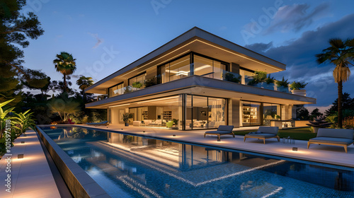 Modern luxury home with pool and garden at blue hour, generative ai