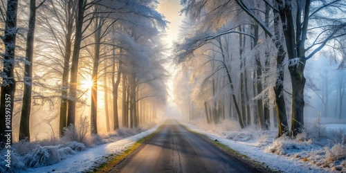 Frost-covered trees lining a road in a winter forest at foggy sunrise , winter, frost, trees, road, forest, foggy, sunrise, nature