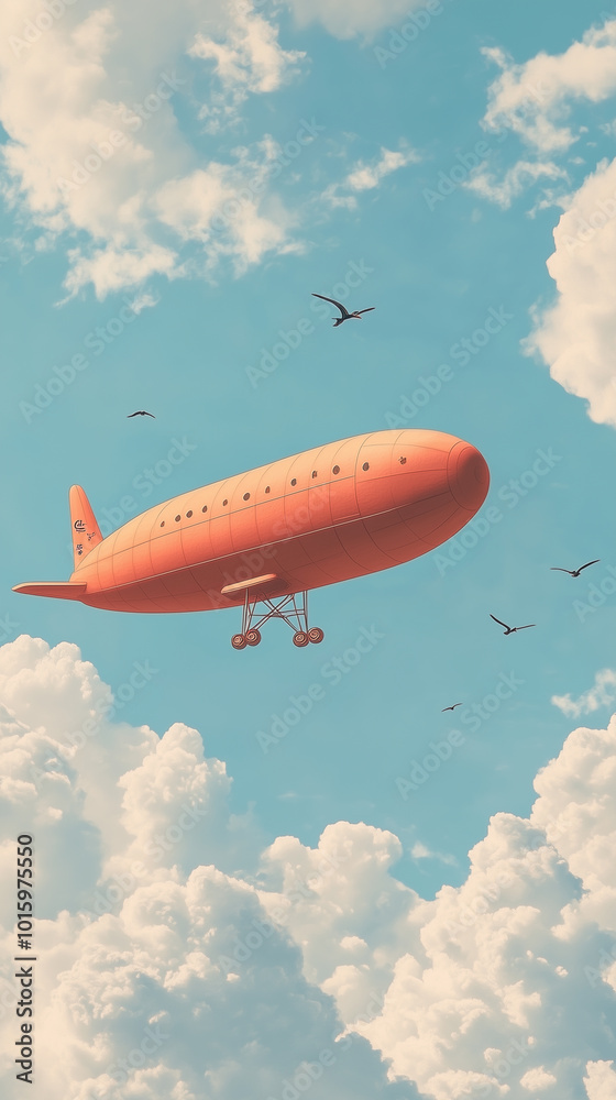Obraz premium Orange Blimp Flying Over Clouds.