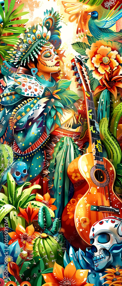 A woman is playing a guitar in a garden with cacti and flowers. The woman is dressed in a costume and has a flower on her head A woman is playing a guitar in a garden with cacti and flowers. The woman is dressed in a costume and has a flower on her head