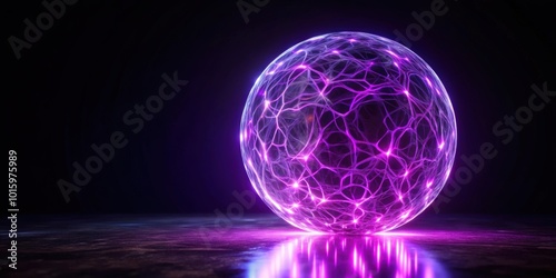 Surreal render of abstract glowing purple neon sphere on black background, surreal,abstract, sphere, curve, wavy, round, spherical