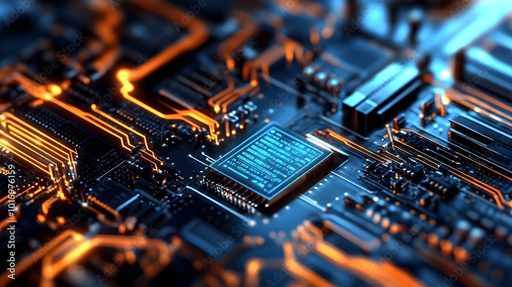 Closeup of Circuit Board with Glowing Orange Traces