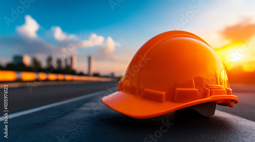 Orange safety helmet on a construction site at sunset. photo