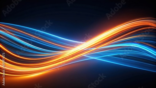 Abstract flowing lines with blue and orange light streaks on a dark background, abstract, flowing, lines, blue, orange