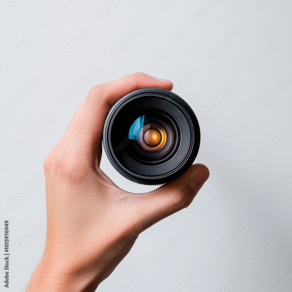 A hand holding a camera lens, focusing on the aperture. A hand holding a camera lens, focusing on the aperture.