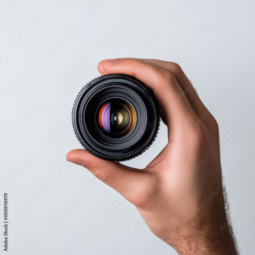 A hand holding a camera lens. A hand holding a camera lens.