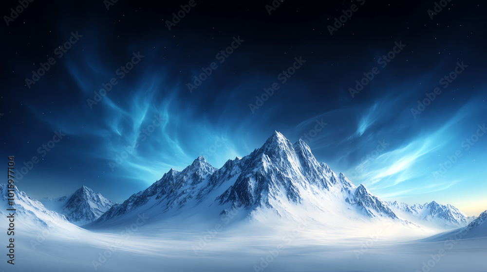 Snowy mountain landscape under a vibrant blue sky with swirling clouds.