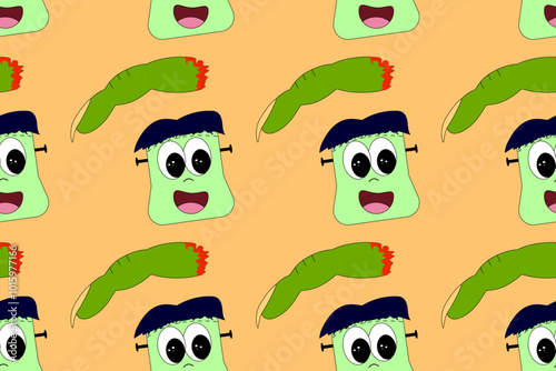 Playful Halloween seamless pattern featuring cute Frankenstein faces and creepy severed fingers. Ideal for festive designs and kids projects.
