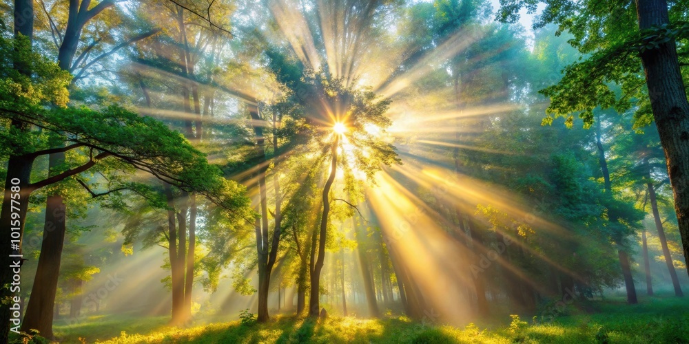 Obraz premium Sun ray light shining down through trees , sun rays, light, trees, nature, atmosphere, serene, sunlight, beams, shining