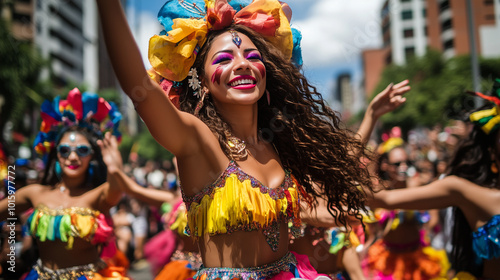 Pre-Carnival celebration Feria de Cali in Colombia, street parade with salsa dancers wearing brightly colored costumes, their energetic moves accompanied by loud salsa music, Ai generated images photo