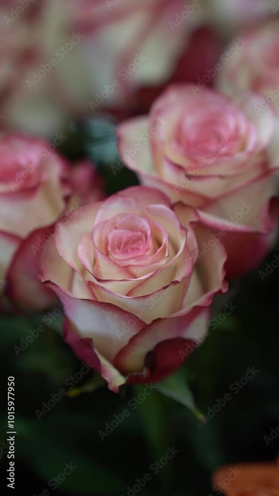 Soft-focus close-up of pink and white roses with delicate petals, creating a romantic and elegant floral arrangement. Copy space.
Soft-focus close-up of pink and white roses with delicate petals, creating a romantic and elegant floral arrangement. Copy space.