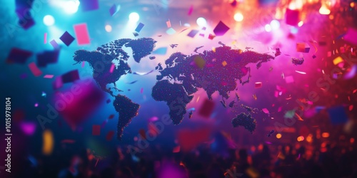 Silhouette world map, earth flat view with colorfull vibrant confetti glitter explosion capturing fun, energy and excitement of a wild party concept set against a banner background. Generative AI