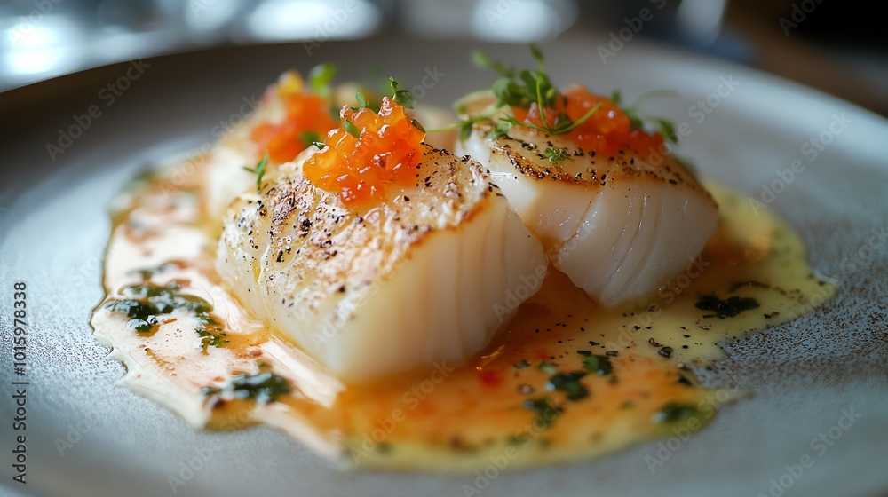 Gourmet seafood dish with sauce, isolated. Gourmet seafood dish with sauce, isolated.