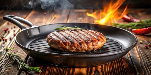 Grilled burger sizzling in a hot frying pan, burger, grilled, sizzling, frying pan, food, cook, meal, lunch, dinner, flame photo