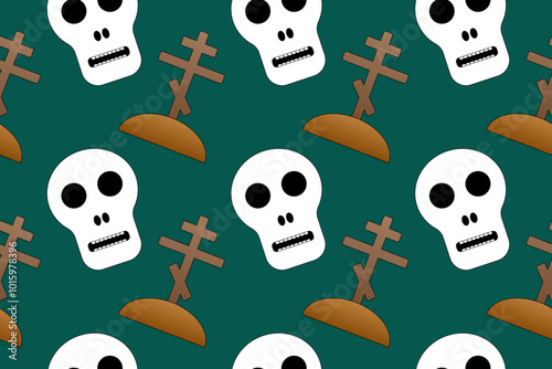 Seamless Halloween-themed pattern featuring skulls and grave crosses. Ideal for spooky decor, textiles, or party invitations.