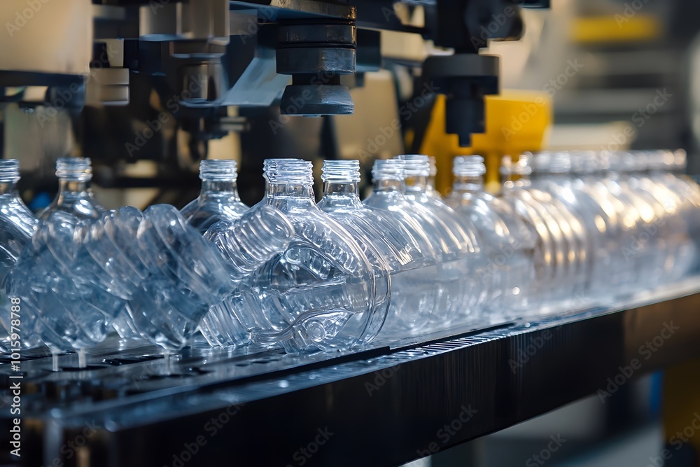 The image shows a production line with transparent plastic bottles being processed, highlighting automation in manufacturing. The image shows a production line with transparent plastic bottles being processed, highlighting automation in manufacturing.
