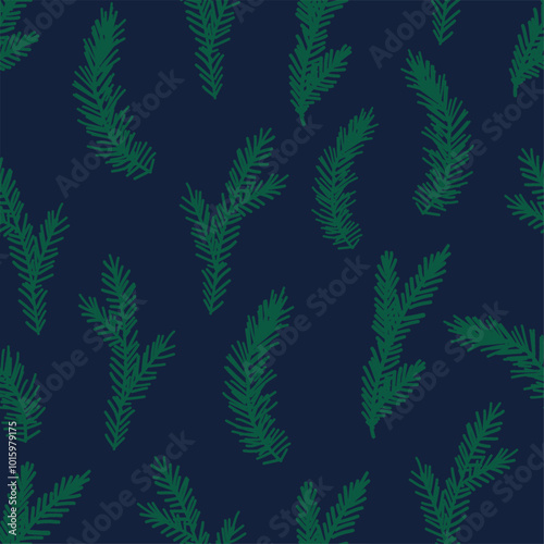 Christmas tree branches on dark blue background. Fir branches ornament. Christmas seamless pattern.