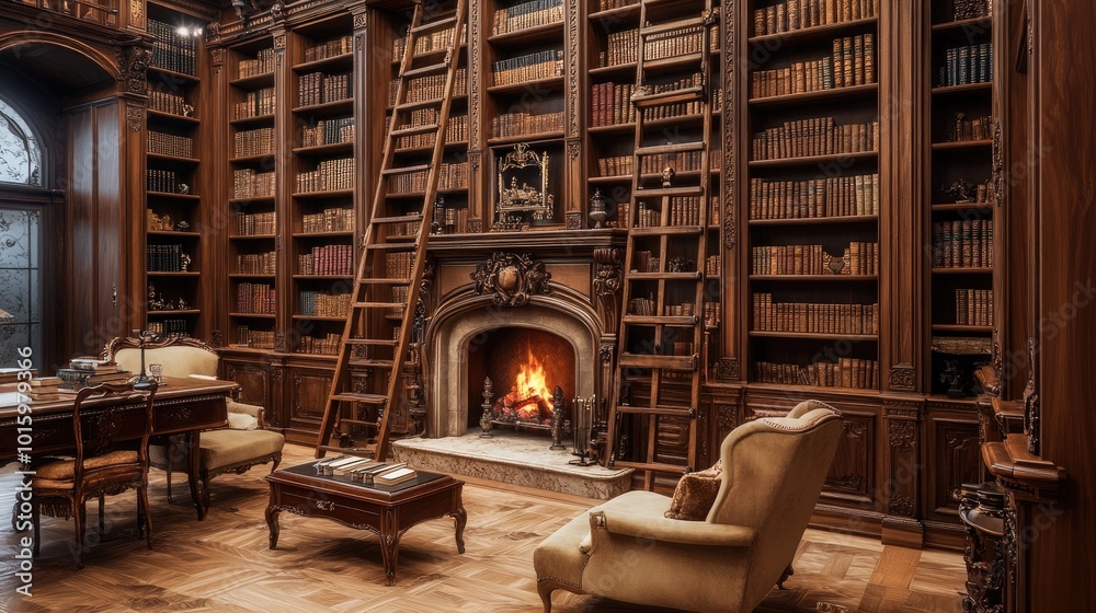 An elegant library with towering walnut bookshelves reaching the ceiling An elegant library with towering walnut bookshelves reaching the ceiling