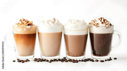 Four stylish coffee drinks topped with whipped cream, displayed in clear mugs against a white background, surrounded by coffee beans.