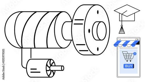 Mechanical component beside graduation cap and online shopping cart with Buy button. Ideal for engineering education e-commerce mechanical parts online learning technology digital purchasing