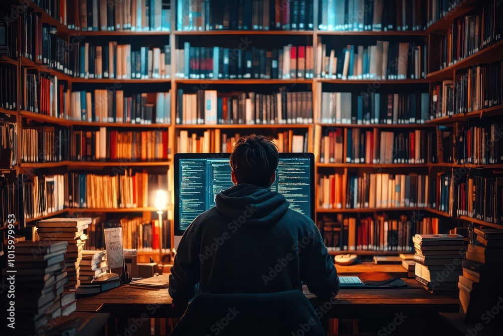 Person working late at night in a library, surrounded by bookshelves and illuminated by a computer screen, creating a cozy study atmosphere. Person working late at night in a library, surrounded by bookshelves and illuminated by a computer screen, creating a cozy study atmosphere.