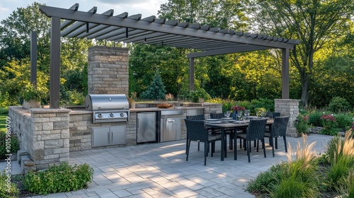 An elegant outdoor kitchen with a stone grill station
