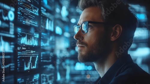 Profile of a focused professional analyzing complex data on multiple computer screens, reflecting modern technology and analytics expertise.