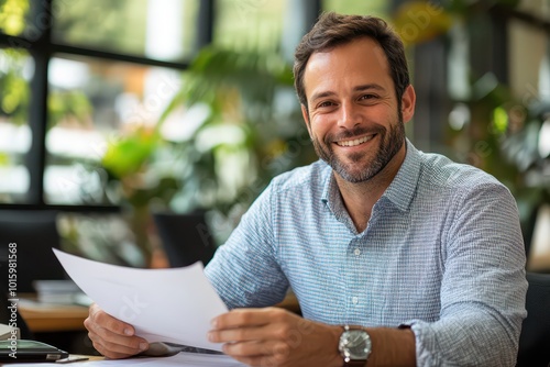 Smiling businessman holding documents in a modern office with natural light and greenery, exemplifies professional confidence and success. photo