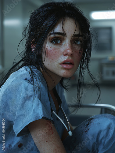 A close-up of a nurse in scrubs with dark circles under her eyes, sitting in a hospital break room, looking worn out after a long shift. photo