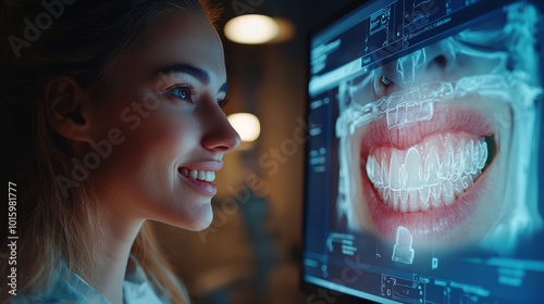 A digital consultation where the patient checks her smile on a virtual screen, showing her dental health progress. photo