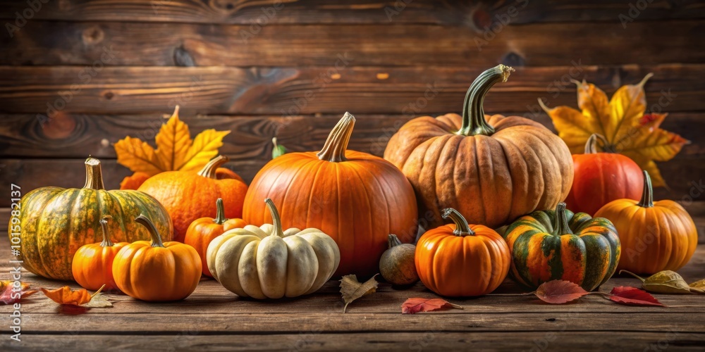 Festive display of pumpkins on a rustic wooden table, fall, autumn, harvest, seasonal, decoration, Thanksgiving, Halloween Festive display of pumpkins on a rustic wooden table, fall, autumn, harvest, seasonal, decoration, Thanksgiving, Halloween