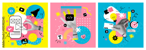 Contemporary art collage. Modern collage concept of web design and development. Creative concept for web banner, social media banner, business presentation, marketing material. vector illustration
