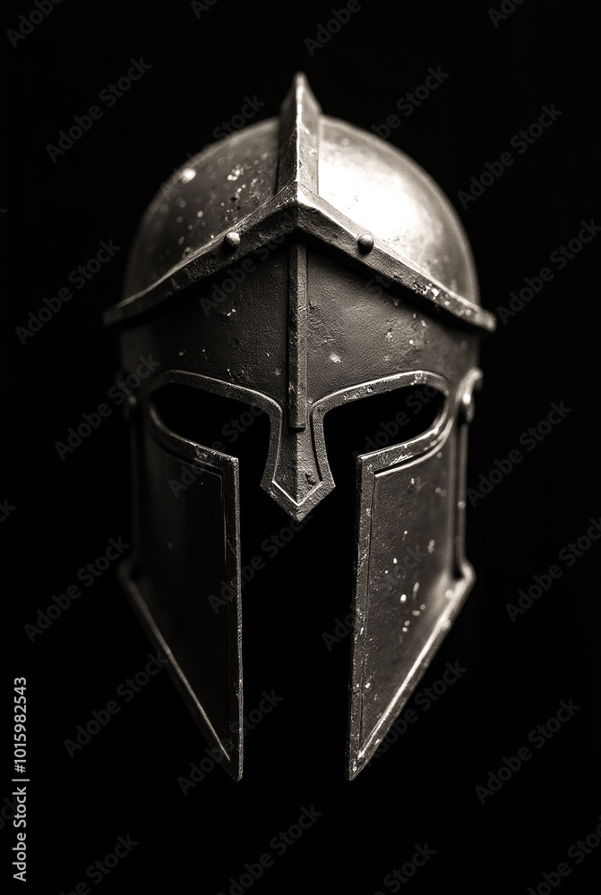 Obraz premium This striking warriors helmet, adorned with intricate details, evokes the spirit of ancient battles and valor, standing boldly against a black background that enhances its allure