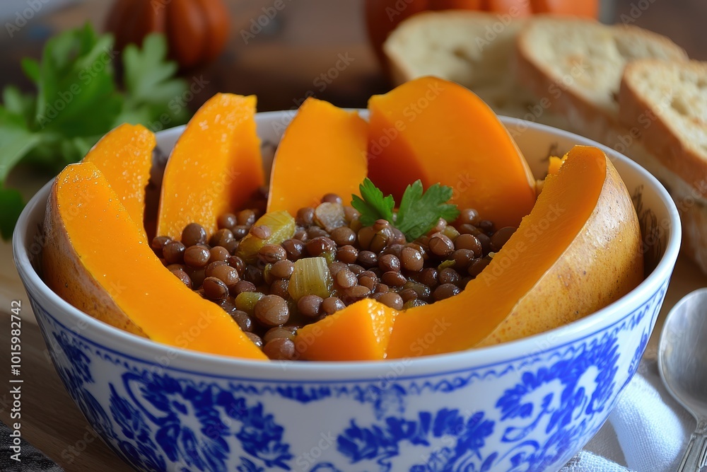 Healthy vegetarian lentil stew with pumpkin slices in ceramic bowl Healthy vegetarian lentil stew with pumpkin slices in ceramic bowl