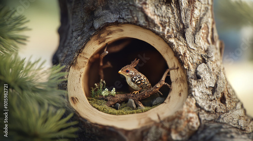 Envision a miniature world inside the pine tree toy.  photo