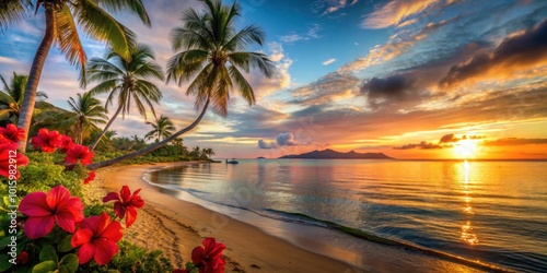 Fototapeta Naklejka Na Ścianę i Meble -  Fiji sunset beach scene with palm trees and hibiscus flowers , Fiji, sunset, beach, palm trees, hibiscus flowers, tropical