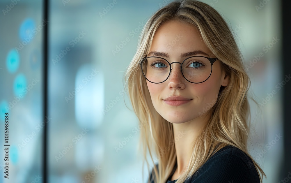 Blonde Caucasian woman in IT, portrayed as a data analyst with data flow graphics, emphasizing professionalism and expertise, with ample copy space