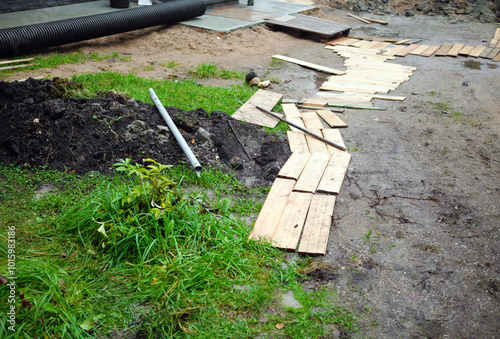 footpath arranged of wood boards photo