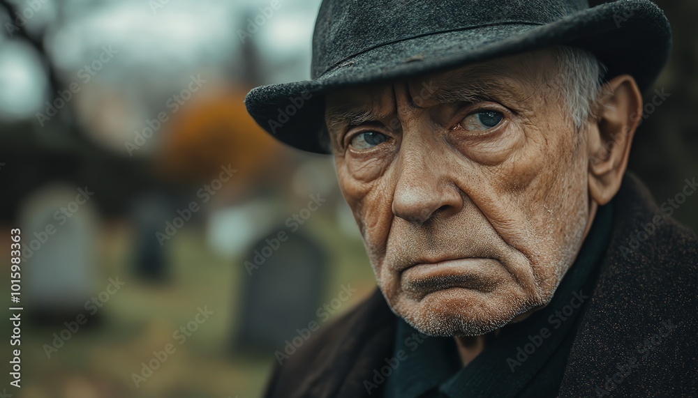 Closeup of an old grandfather contemplating death and the end of life, with a cemetery in the background, detailed and poignant portrait Closeup of an old grandfather contemplating death and the end of life, with a cemetery in the background, detailed and poignant portrait