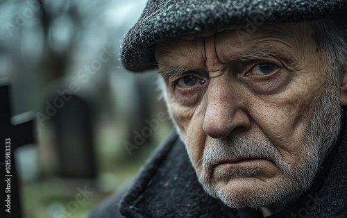 Closeup of an elderly man reflecting on mortality, with a cemetery in the background, portraying a deep and contemplative mood