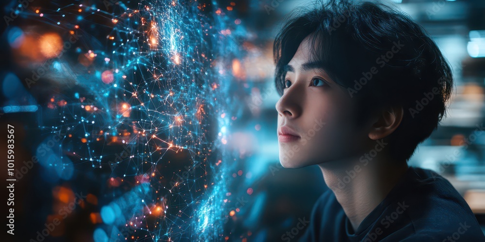 Young person fascinated by a digital holographic network, symbolizing technology and future innovation in a futuristic setting. Young person fascinated by a digital holographic network, symbolizing technology and future innovation in a futuristic setting.