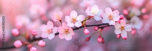 Blossoming Cherry Trees in Spring, delicate petals fluttering in the gentle breeze, a serene landscape filled with vibrant pink hues.
