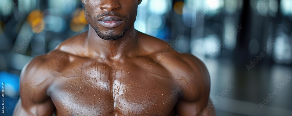 A man with a pumped up body and muscles close-up against the background of a gym. Fitness instructor A man with a pumped up body and muscles close-up against the background of a gym. Fitness instructor