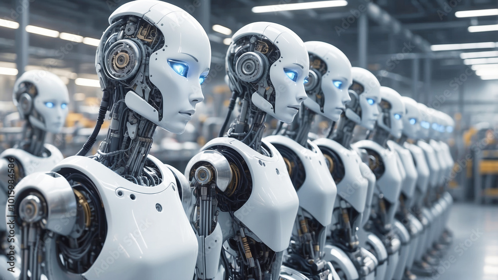 Fototapeta premium Futuristic sci-fi image depicting a row of humanoid robots in a factory