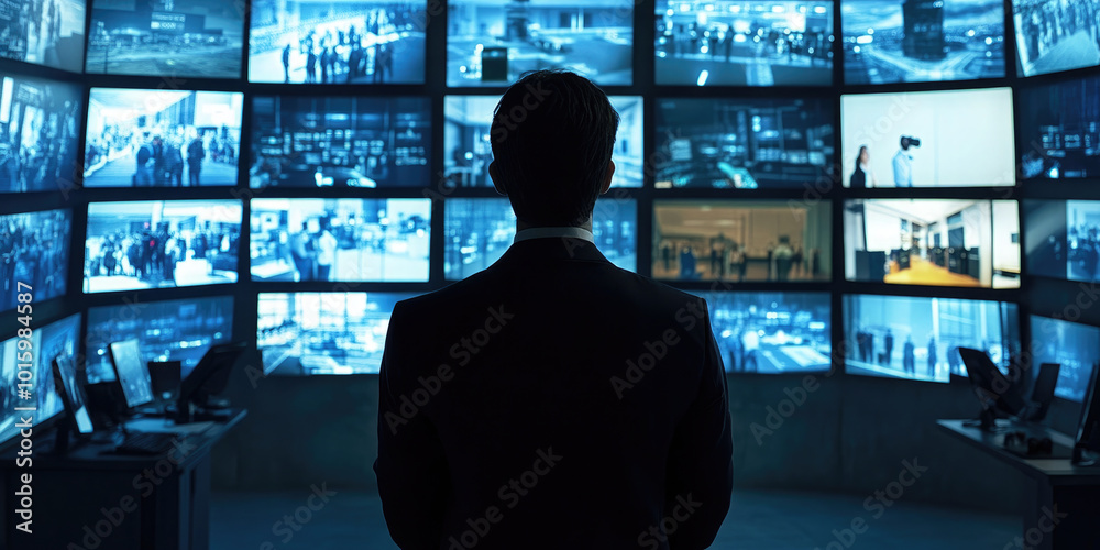 A security operator works in a dark room full of computer screens displaying footage from surveillance cameras. He uses a headset and his silhouette is reflected on the screen