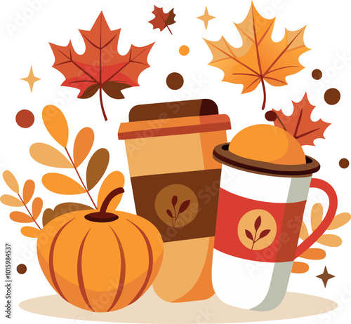 come up with and draw a print for coffee cups on an autumn theme, with white background.